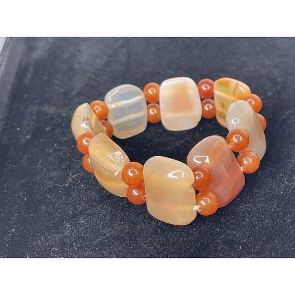 Natural Stone Carnelian Quartz Agate Beaded Bracelet Orange Stretch - Picture 2 of 3